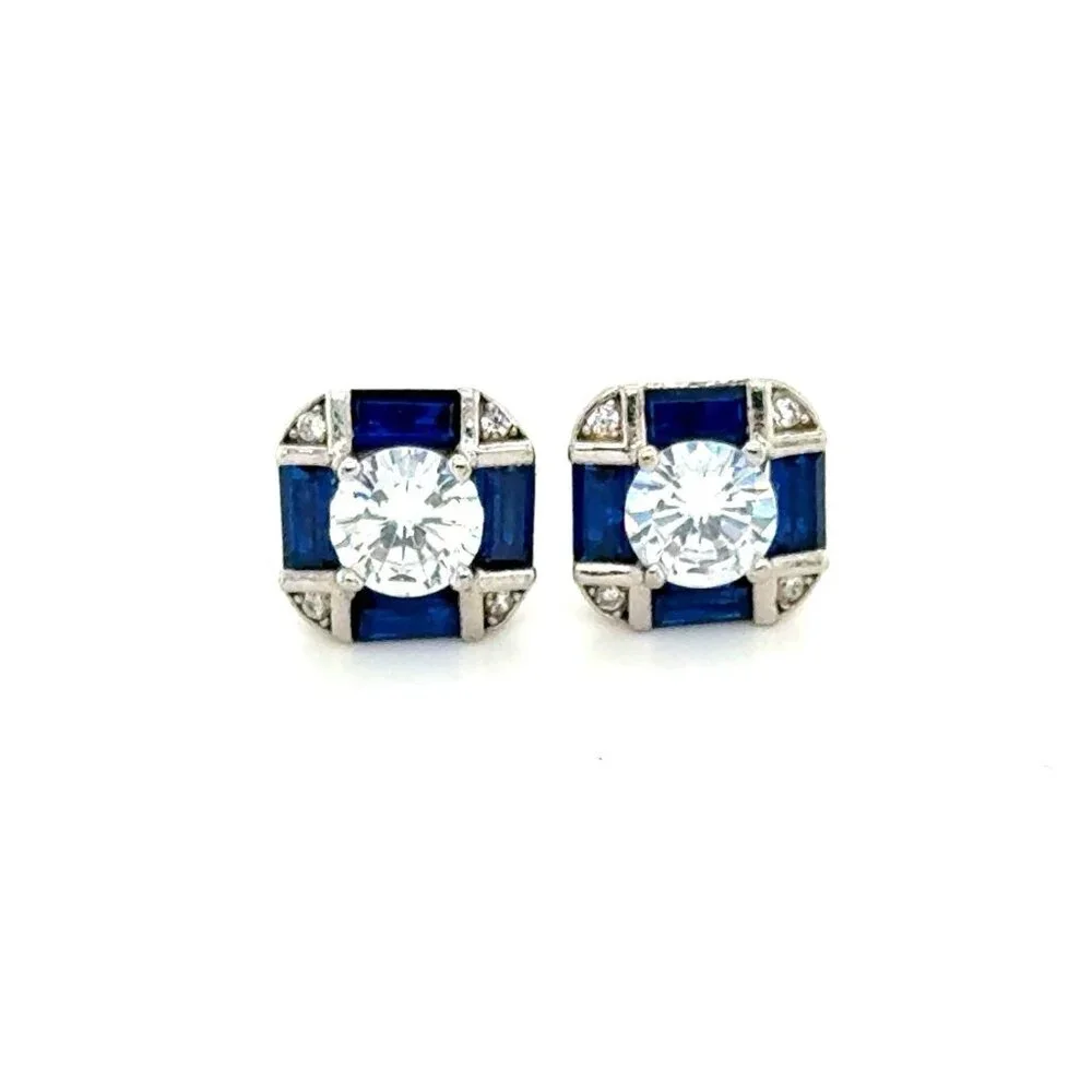 Sterling Silver 925 Blue/White Cz Stud Earrings‎
